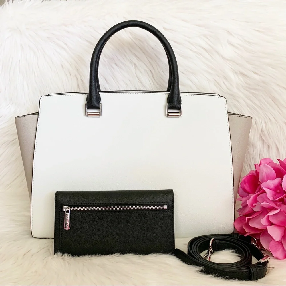 Michael Kors White and Black Saffiano Leather Satchel